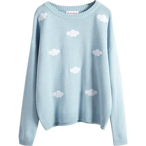 2021 Winter Women Clouds Sky Embroidery Sweater Candy Colorsweet Knitted Pullovers Solid Loose Ladies Warm Knitting Sweaters