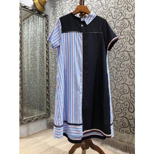New Korean Style Dress 2021 Summer Ladies Striped Print Color Block Short Sleeve Casual Long Tshirt Dress Girls Cotton Dress