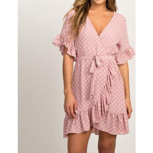 2019 Summer Chiffon Dresses Women Boho Polka Dot Casual Dress V-Neck Short-Sleeve A-Line Party Female Sashes Bow Vestidos