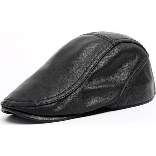 XdanqinX New Natural Genuine Leather Cap Berets Mens Warm Sheepskin Beret Hat Adjustable Size Middle-aged Dad Brand Tongue Caps
