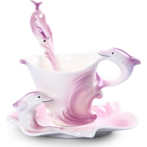 Colored Enamel Coffee Mug Porcelain Bone China Creative Dolphins Mugs Cups And Saucers With Spoons Dish