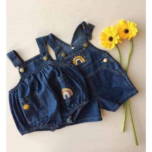 Baby Kids Overalls Suspender Pants Denim Trousers Sleeveless Buttons Rainbow Embroidery Front Pocket Unisex Romper