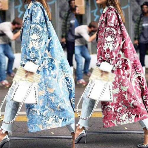Women Long Coat Floral Printed Decor Turn Down Collar Coat Trench Jacket Outwear