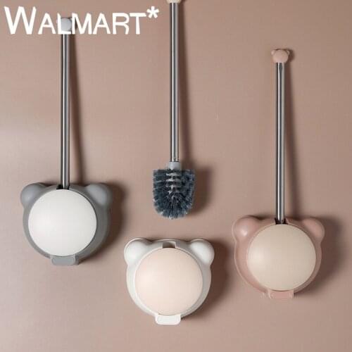 Home Cartoon Bear Shape Punch-Free Wall-Mounted Toilet Brush Set with Covers No Dead Ends Simple Pp Material Wash Toilet Brush