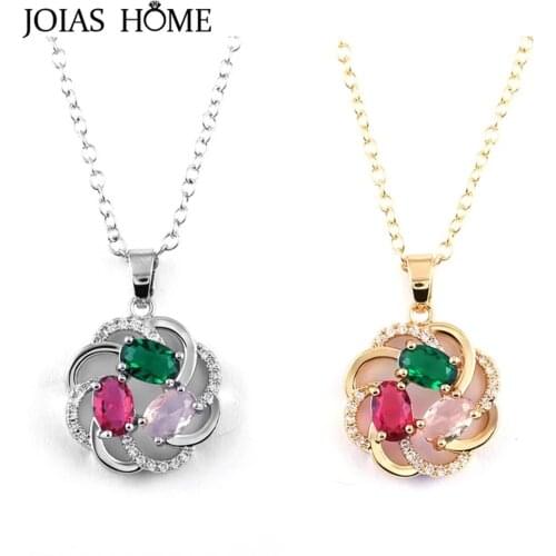 JoiasHome Silver 925 Jewelry Womens Necklace Colourful Zircon Oval Gemstones High Quality Flower Clavicle Chain Female Party