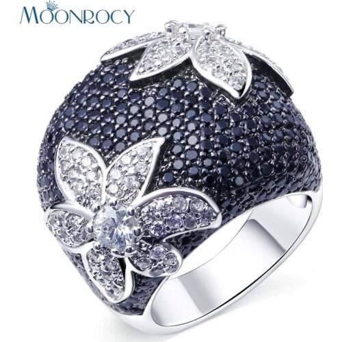 MOONROCY Cubic Zirconia Black Crystal Wedding CZ Rings Oversize Jewelry Vintage for Women Gift Women Ring Dropshipping Gift