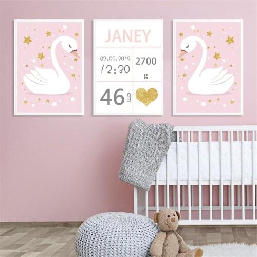 Nordic Swan Wall Art Poster Pink Baby Nursery Art Print Star Heart Canvas Painting Abstract Pictures Kids Girls Room Home Decor