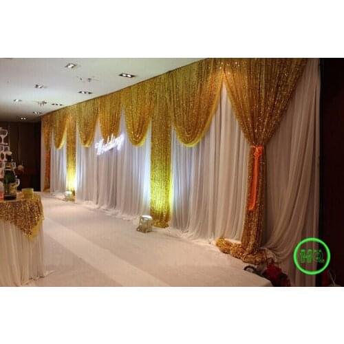 Lastest 2020 White Wedding Backdrop with gold shiny sequin swags 10ft (H) x 20ft (L)