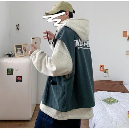 New sweater mens autumn and winter Hong Kong wind loose plus velvet thick hooded baseball uniform fake two coats