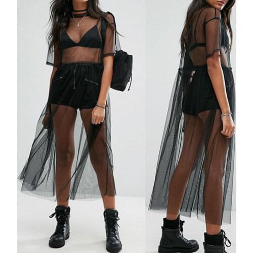 New Fashion Women Sexy Black See-through Mesh Long Tops Ladies Summer Short Sleeve Sheer Tulle Lace Long T Shirts