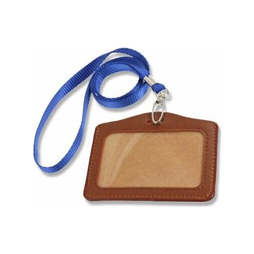 Office Faux Leather Horizontal ID Name Card Badge Holder Brown w Neck Strap 2pcs