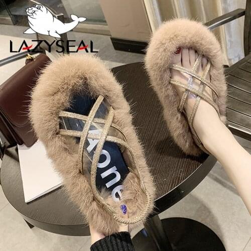 LazySeal Real Fur Back Strap Sandals Women Shoes Transparent Bordered Flat Heel Woman Furry Slippers Ladies Casual Flip Flops