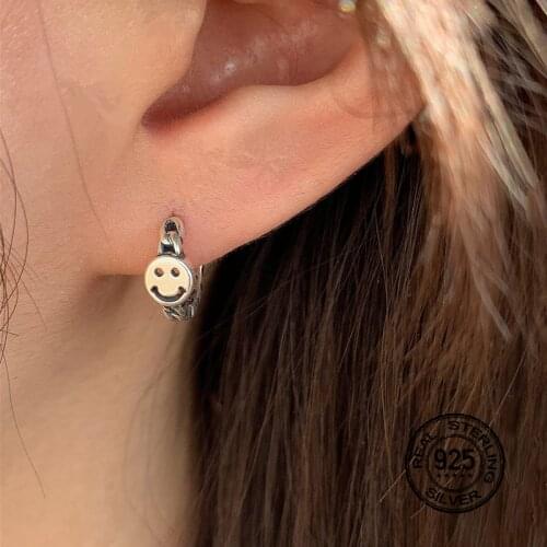 925 Sterling Silver Earrings Retro Hong Kong Style Design Smiley Face Personality Twist Pure White Fashion Couple Gift INEFFA