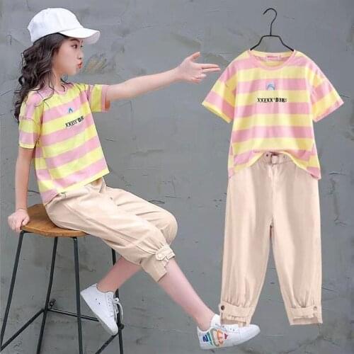 New Girls Clothing Sets Summer Casual Outfit T-shirt + Pants Kids Girl Tracksuit Teen Children Clothing Suit 6 8 9 10 12 14Year