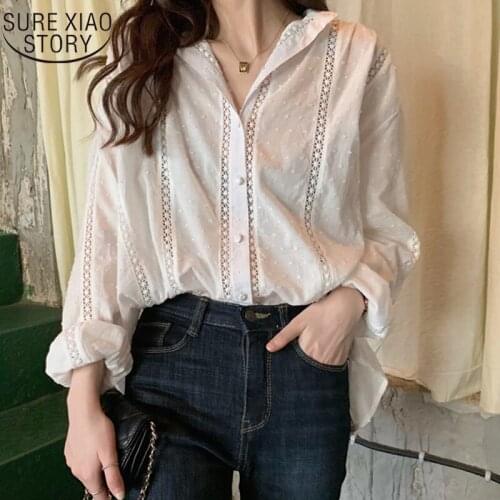 Fashion Loose All-match White Blouse Women Autumn Long Sleeve Ladies Casual Buttons Tops Korean Sweet Hollow Lace Shirt 13127