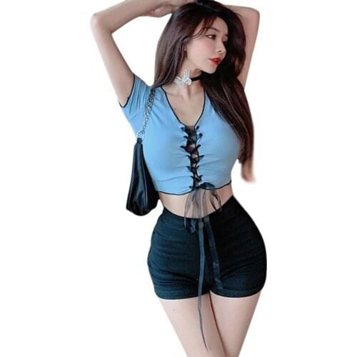 Womens V Neck Tee Shirt Solid Color Summer Short Sleeve Ladies Slim Fit Korean Style Tshirt Tops