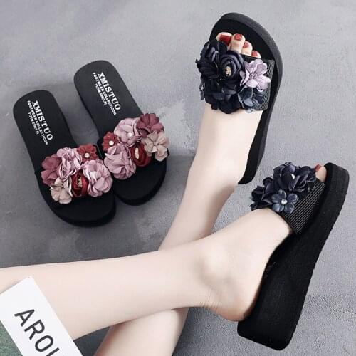 5cmHigh Heel Womens Summer Outside Wear Slope with A Word Drag High-heeled Sweet Beach Slippers Female Beach Sandals FlipFlops