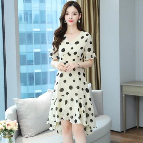 2021 New Summer Women Sexy V-Neck Speaker Sleeve Slim Long Dress Korean Fashion Dots Print Irregular Ruffle Hem Chiffon Dress