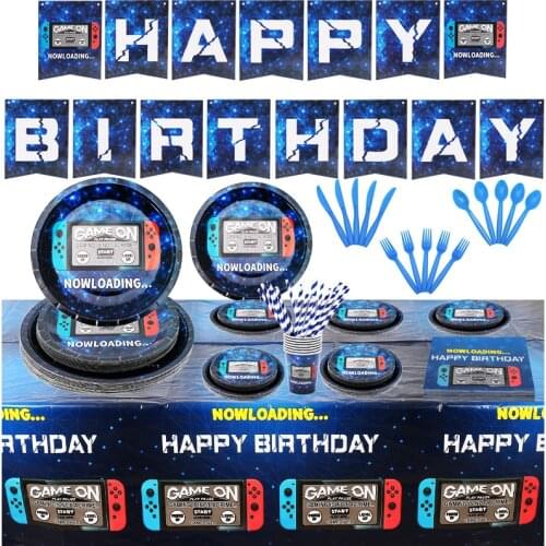 162pcs Video Game Party Supplies Include Video Game Paper Plates, Cups, Straw,Spoon, Fork, knives Table Cover Banner