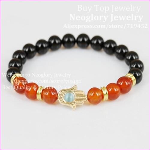 2015 New Design Hot Sale Onyx Stone Hamsa Bracelet,Gold Hamsa Hand Black with Red Stone Bead Bracelet Healing Bracelet 10pcs