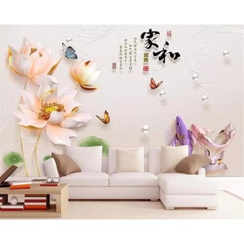 Beibehang Custom wallpaper mural embossed lotus fish butterfly bTV background wall Photo wallpaper papel de parede 3d wallpaper