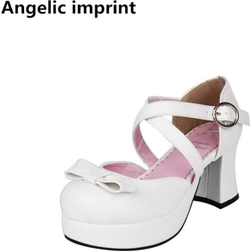Angelic imprint woman mori girl lolita cosplay shoes lady high heels pumps women princess dress party shoes 33-47 bowtie 7.5cm
