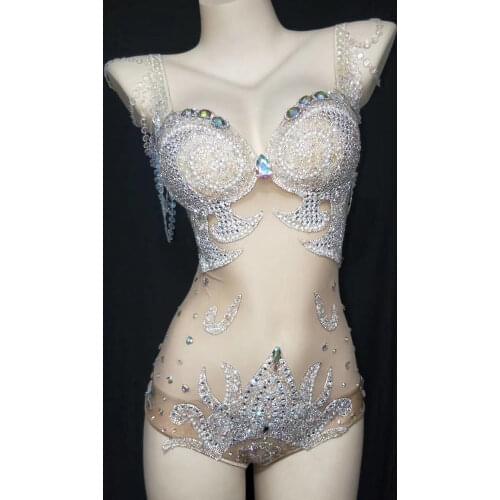 Shining Embellished Beaded Silver Rhinestone Mesh Net Perspective Women Bodysuit Tight Jumpsuit DJ Singer Dance Stage Wear