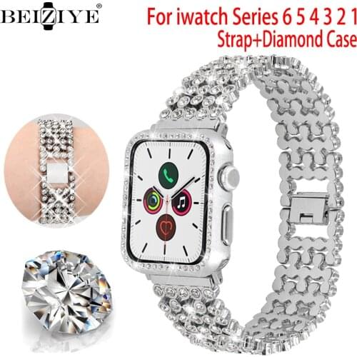 Stainless Steel Bracelet+Diamond Case For Apple Watch 44mm 40mm Luxury bracele for iwatch band 38mm 42mm series 6 SE 5 4 3 2