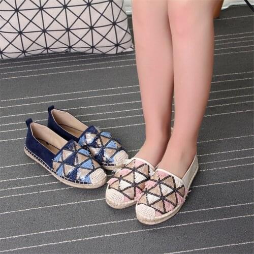 Woven Straw Ladies Flat Microfiber Leather Sequin Fisherman Shoes Woman 2020 New Spring Summer Women Flat Espadrilles Size 36-41