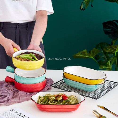 Creative Ceramic Handle Baking Bowl Round Square Hand Painted Baking Bowl for Domestic Casserole