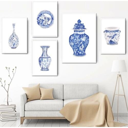 Chinoiserie Vases Print Ming Porcelain Blue and White China Art Canvas Painting Eastern Art Poster Wall Art Home Room Decoration