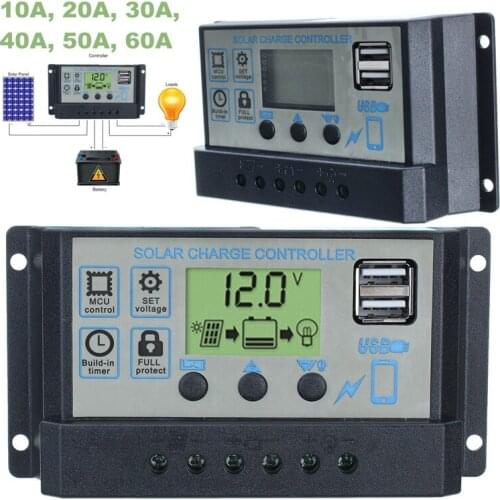LCD Dual USB Auto Solar Charge Panel Controller 60A/50A/40A/30A/20A/10A 12V 24V PWM Controllers 5V Output Solar Panel Regulator