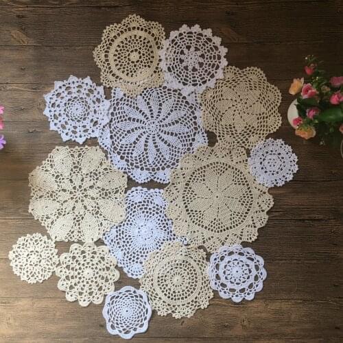 MINDPLUS 14Pcs 100% Cotton HandMade Crochet Doilies Cup Mat Pad Coaster 14 Vintage Crochet Motifs 4"~10"inches Round White Beige