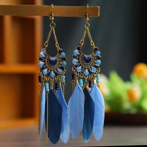 2020 Boho Summer Feather Vintage Bohemian Earrings Corful Flower Gold Chain Ladies Earrings Tibetan Jewelry