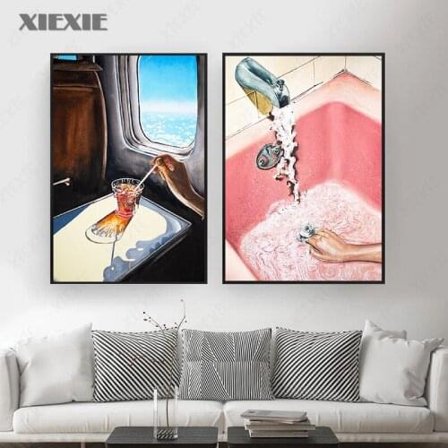 Glass Cup Airplane Art Print Retro Canvas Painting Poster Vintage Pink Bathroom Faucet Wall Art Picture for Living Room Decor