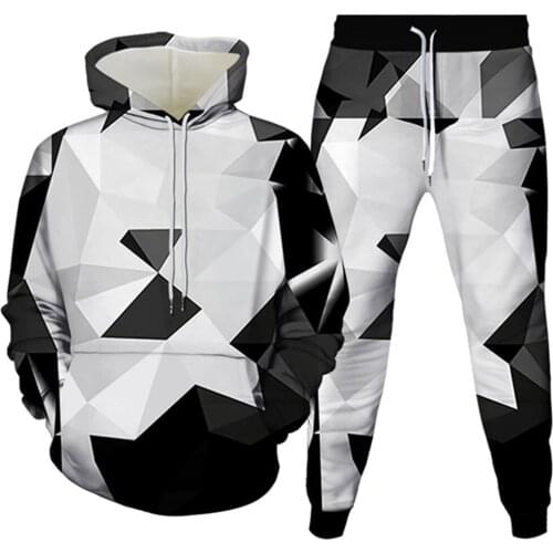 Autumn Spring Men Geometric Patterns Black White Cube 3D Print Clothes Set Hoodie+Trousers Outfits Women Fashion Tracksuit S-6XL