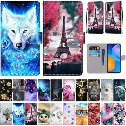 P Smart 2021 Leather Case for Huawei Y9A Y8S Y6P Y5P P40 Lite E Nova 7 SE Phone Fundas Mate 40 Pro Etui Stand 3D Painted Cover