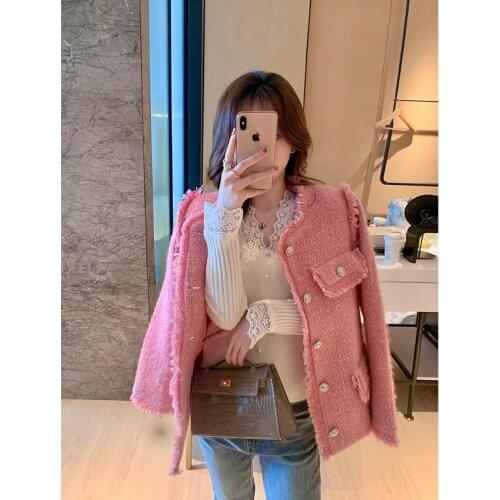 High Level Pink Small Fragrance Jacket Ladies Knitting Small 2021 Spring and Autumn New Tweed Top