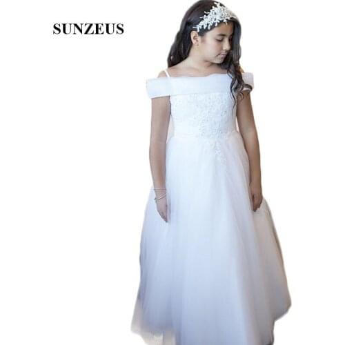 Boat Neck A-Line Flower Girl dresses for Weddings Pleats Tulle Lace Appliques with Sequins Birthday Party vestido daminha SF39