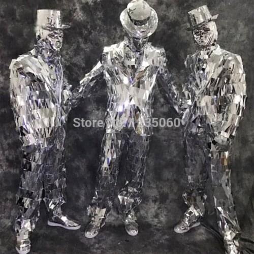 Catwalk Shows Men Silver Mirror Ballroom Costume Mirror Man Suit Nightclub Clothing Party Stage Performance DJ Singer Clothes