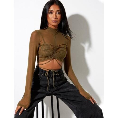Sexy Women T Shirt See Through Transparent Mesh Tops Drawstring Bandage Long Sleeve Pullover Sheer Slim Tops for Adults Women