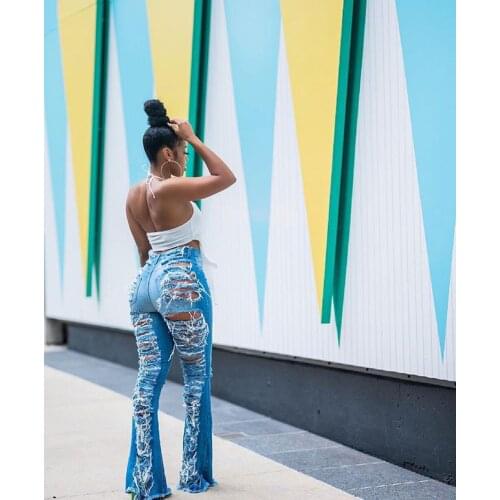 Sexy Ripped High Waist Jeans Fashion Y2k Women Personality Hollow Out Washed Do Old Flared Pants Denim Trousers Streetwear