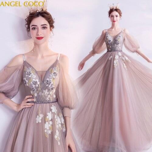 Pink V Neck Evening Party Dresses Lace Appliques Floral Sequins Prom Gowns Tulle Elegant Party Dress Vestido Abiti Da Cerimonia