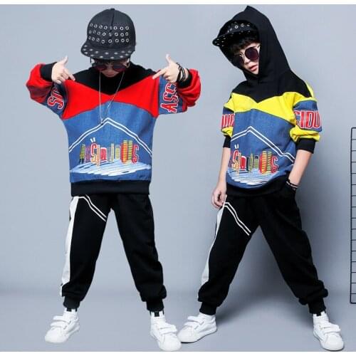 Spring Autumn Kids Boys Street Wear 2 Piece Sets Denim Patchwork Hooded Sweatshirts+Sweatpants Hip Hop Children Outfits 4-16T