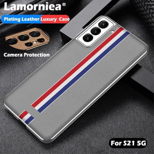 Camera Protection Case For Samsung Galaxy S21 Ultra 5G Luxury Plating Frame Leather Texture Cover For Samsung S21 Plus 5G S21U