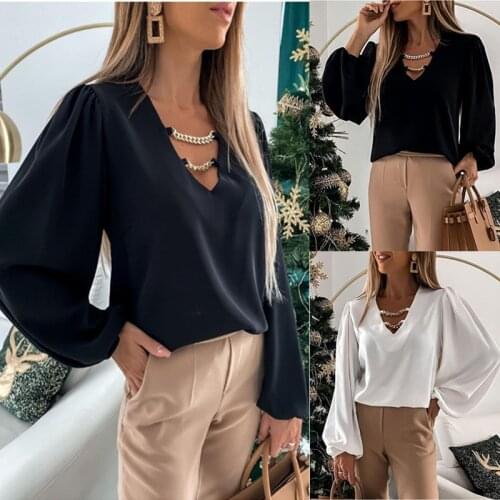 Spring Summer Elegant Loose Long-Sleeved V-Neck Chain Decoration Splicing Shirt Womans Fashion Casual Solid Color Blouse Femme