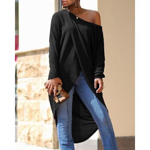 2020 Women Fashion Elegant Solid One Shoulder Dip Hem Blouse Casual Asymmetrical Long Sleeve Loose Shirts
