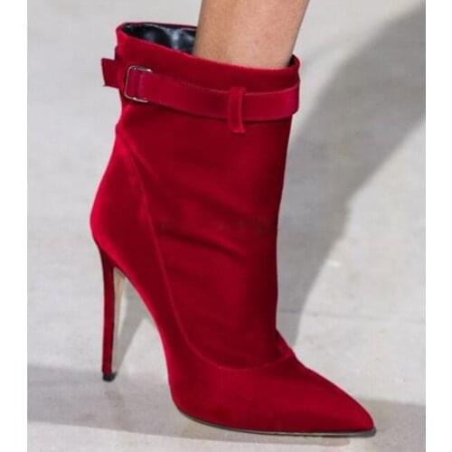 Fashion Red Black Velvet Ankle Buckle Ankle Boots Pointed toe Thin High Heels Runway Boots Woman Slip on Short Boots