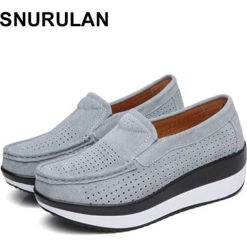 SNURULAN Slip On Lazy Shoes Female Spring Sneakers Genuine Leather 2020 Wedges Shoes Summer Hallow Breathable Sneakers Platform