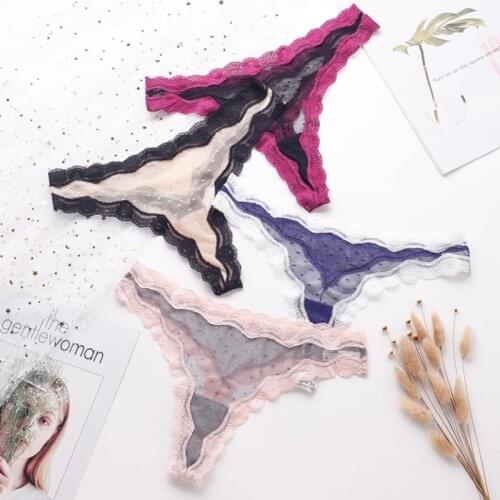 Sexy Lace Womens Thong Underwear Transparent Mesh Panties Temptation Wavy Seamless Female T-Back Briefs Sex Lingerie Tanga